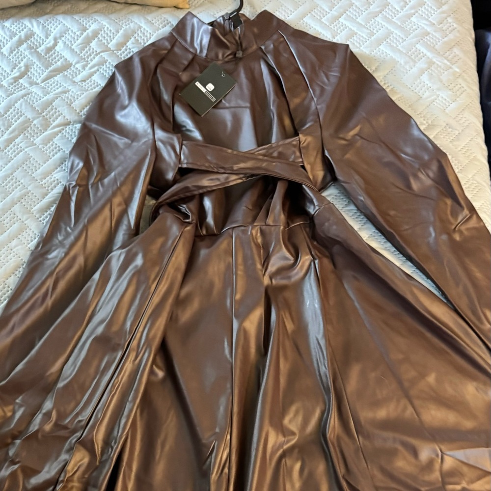 COPY - Faux leather dress with crisscross front detail.